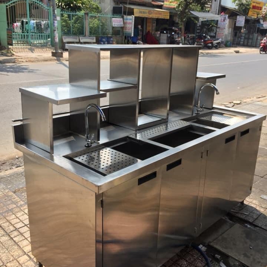 Quầy pha chế inox 2M 3 chậu, 2 chậu rửa, 4 cánh tủ
