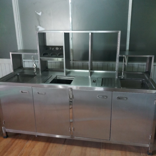 Quầy pha chế inox 1 chậu kéo to, 2 chậu rửa, 4 cánh tủ