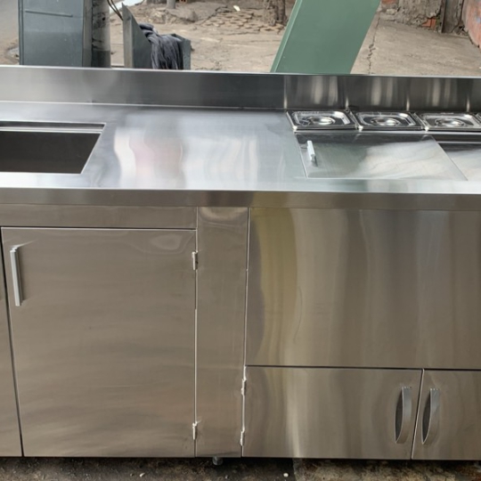 Quầy pha chế inox 1 chậu rửa 1M9 4 khay Topping