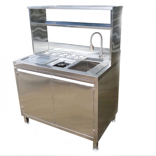Quầy pha chế inox 1m3  1 chậu rửa 1 hộc đá 5 khay topping